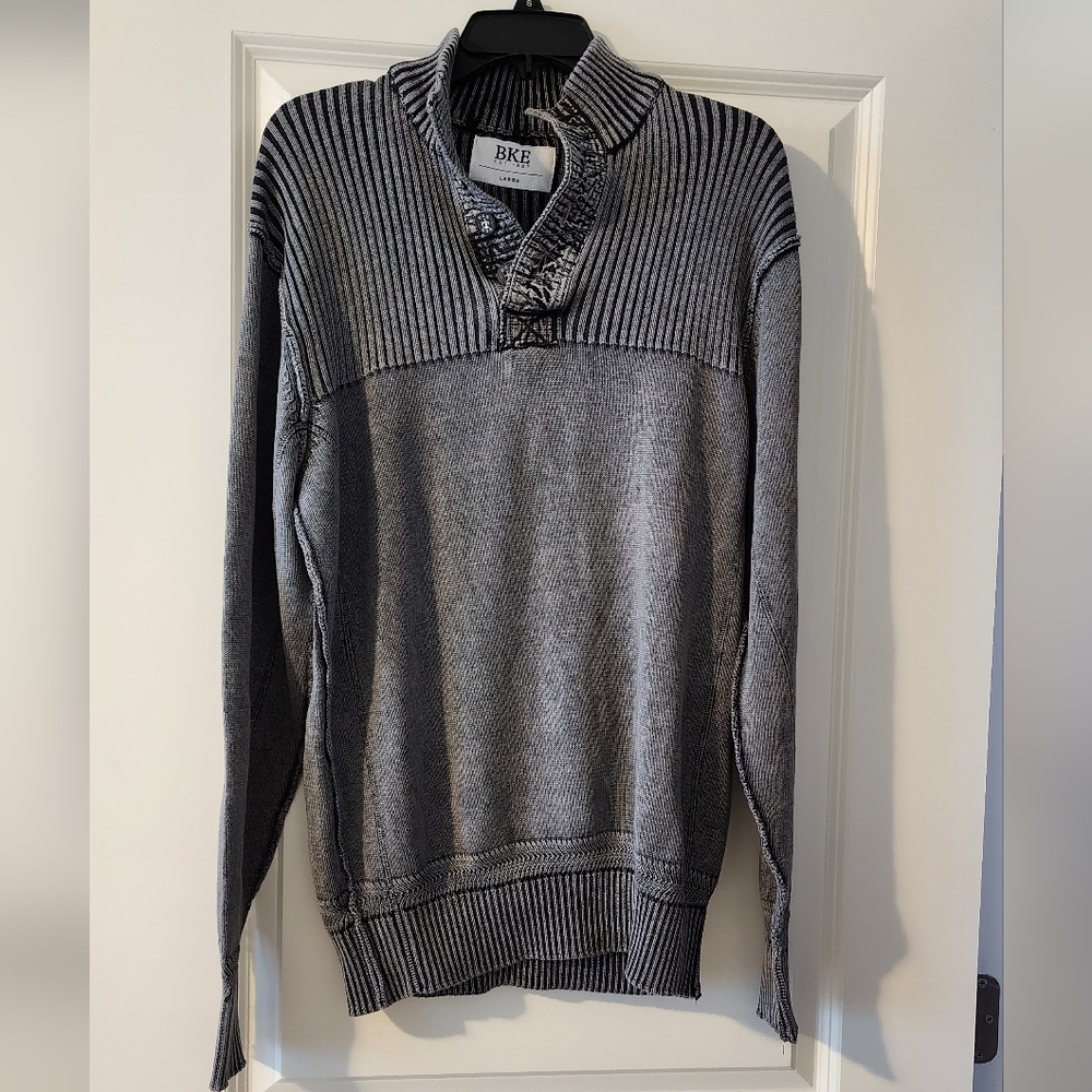 BKE Mens Button Pullover Sweater Faded Gray Black Size L 100% Cotton
